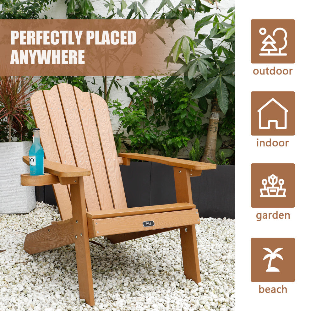 All-Weather Fading Resistant Plastic Wood Outdoor Brown Chair With Cup Holder