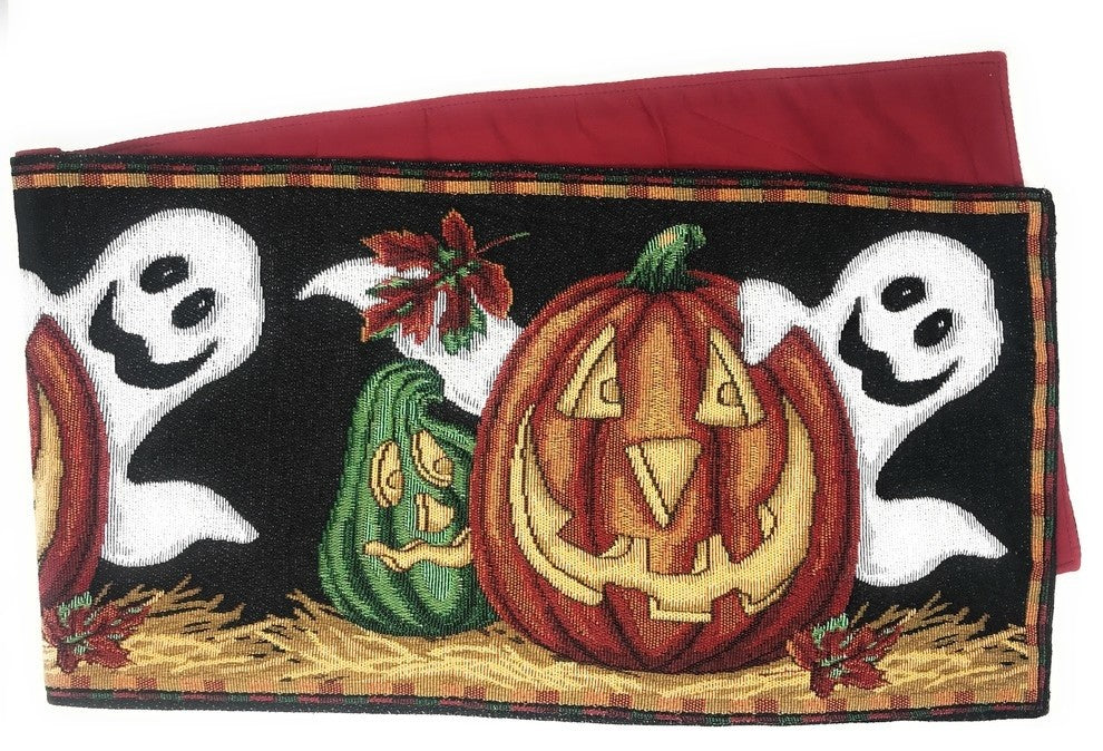 Halloween Pumpkins Ghosts Table Runner, Harvest Orange Tapestry, 13" X 90"