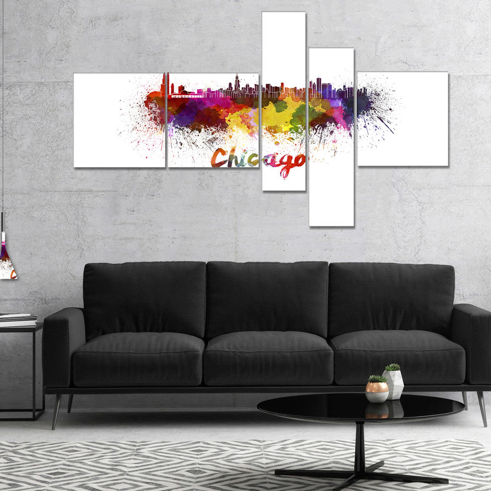 Chicago Skyline, Yellow, Cityscape Canvas Art Print, 60"x32", 5 panels