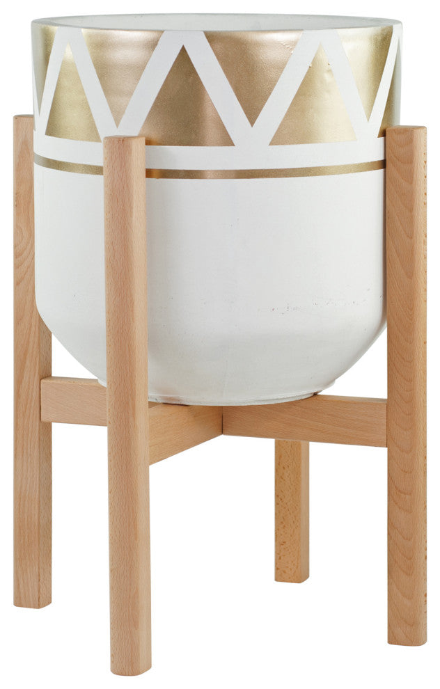 Extra Large Hand Paint Fiber Clay Pot 16'' With Wood Plant Stand Natural Color
