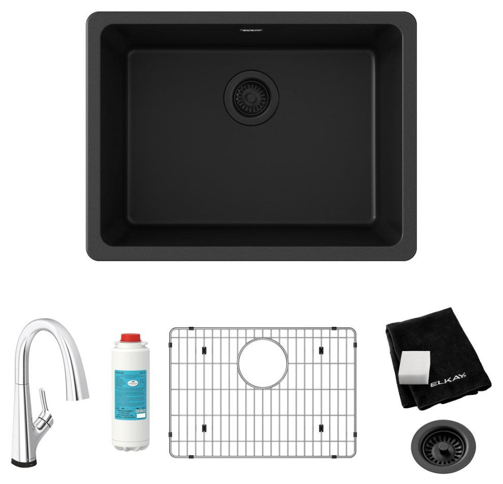 Quartz Classic 25" Undermount Sink Kit With Filtered Faucet, Black
