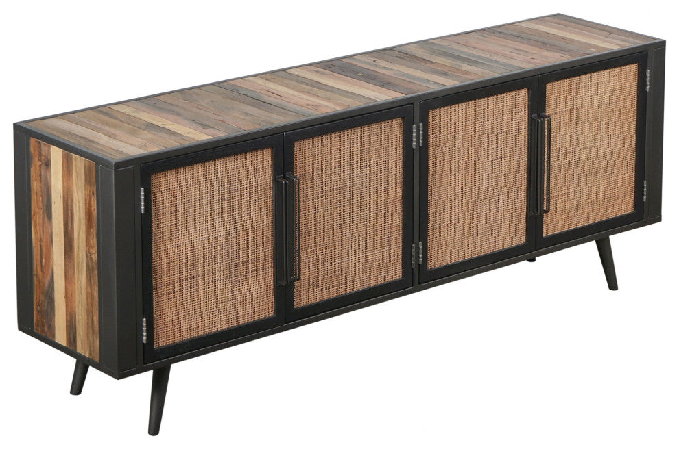 Natural Boat Wood and Rattan TV Dresser With 4 Doors