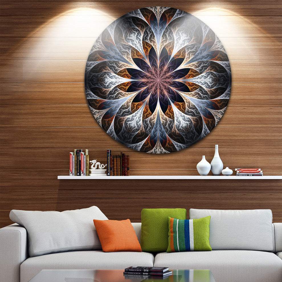 Gray Brown Digital Art Fractal Flower, Floral Round Wall Art, 23"