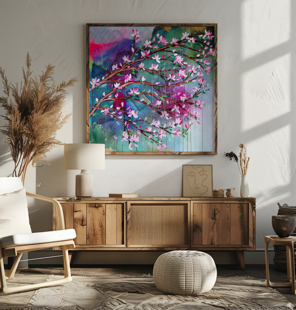 Cherry blossom, Abstract tree art, japanese magnolia painting, blossom tree art