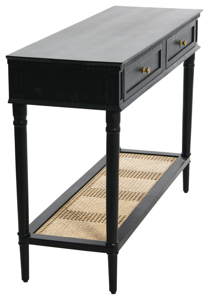 Maxwelton Solid Wood Console Table With 2 Drawers and Woven Cane Storage Shelf, Black