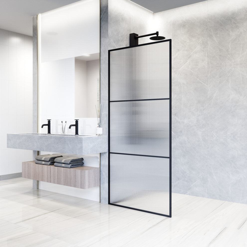 VIGO Divide 34" W x 74" H Framed Fixed Shower Screen, Matte Black, Fluted Glass