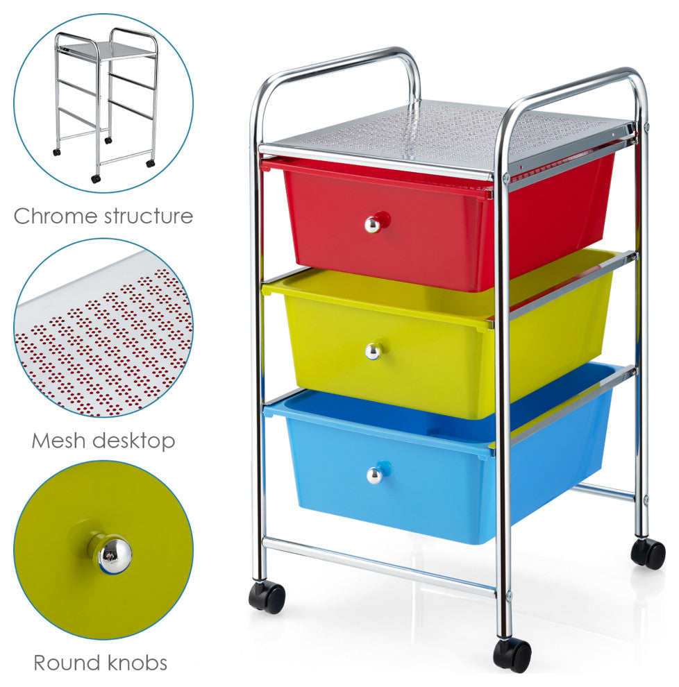 3-Drawer Cart Storage Bin Organizer Rolling w/Plastic Drawers Multicolor