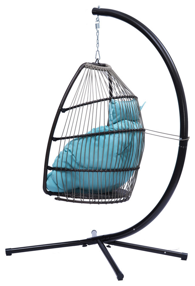 Outdoor Patio Wicker Folding Swing Chair Hanging With Bracket and Cushion Pillow