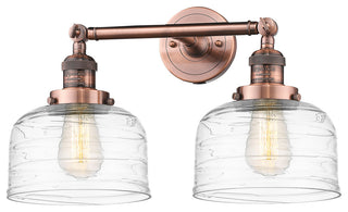 Large Bell 2 Light Bath Vanity Light, Antique Copper, Clear Deco Swirl