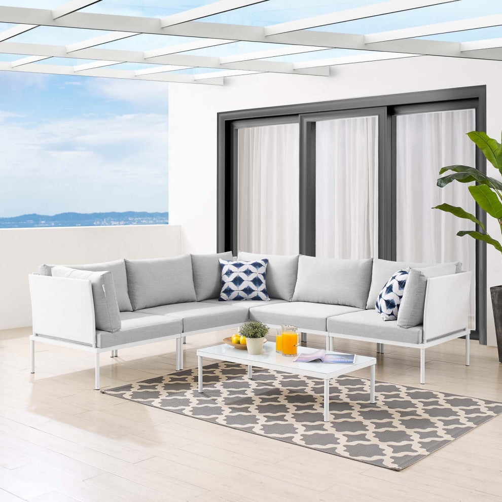 Sectional Sofa Chair Table Set, Sunbrella, Aluminum, White Gray, Outdoor