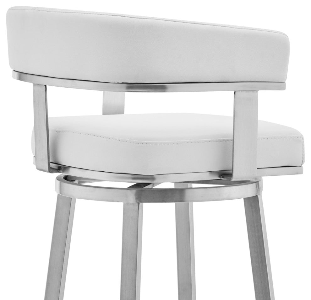 Cohen Swivel Bar Stool, Faux Leather, Brushed Stainless Steel and White, 30"