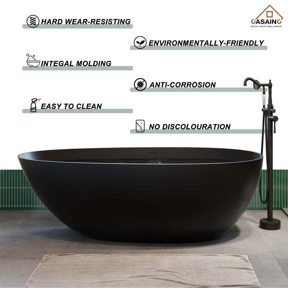 59in Solid Surface Freestanding Bathtub in Matte Black, Matte Black
