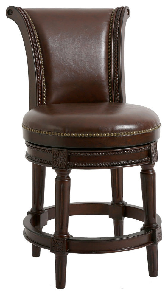 25" Dark Brown Faux Leather and Solid Wood Counter Height Swivel Bar Chair