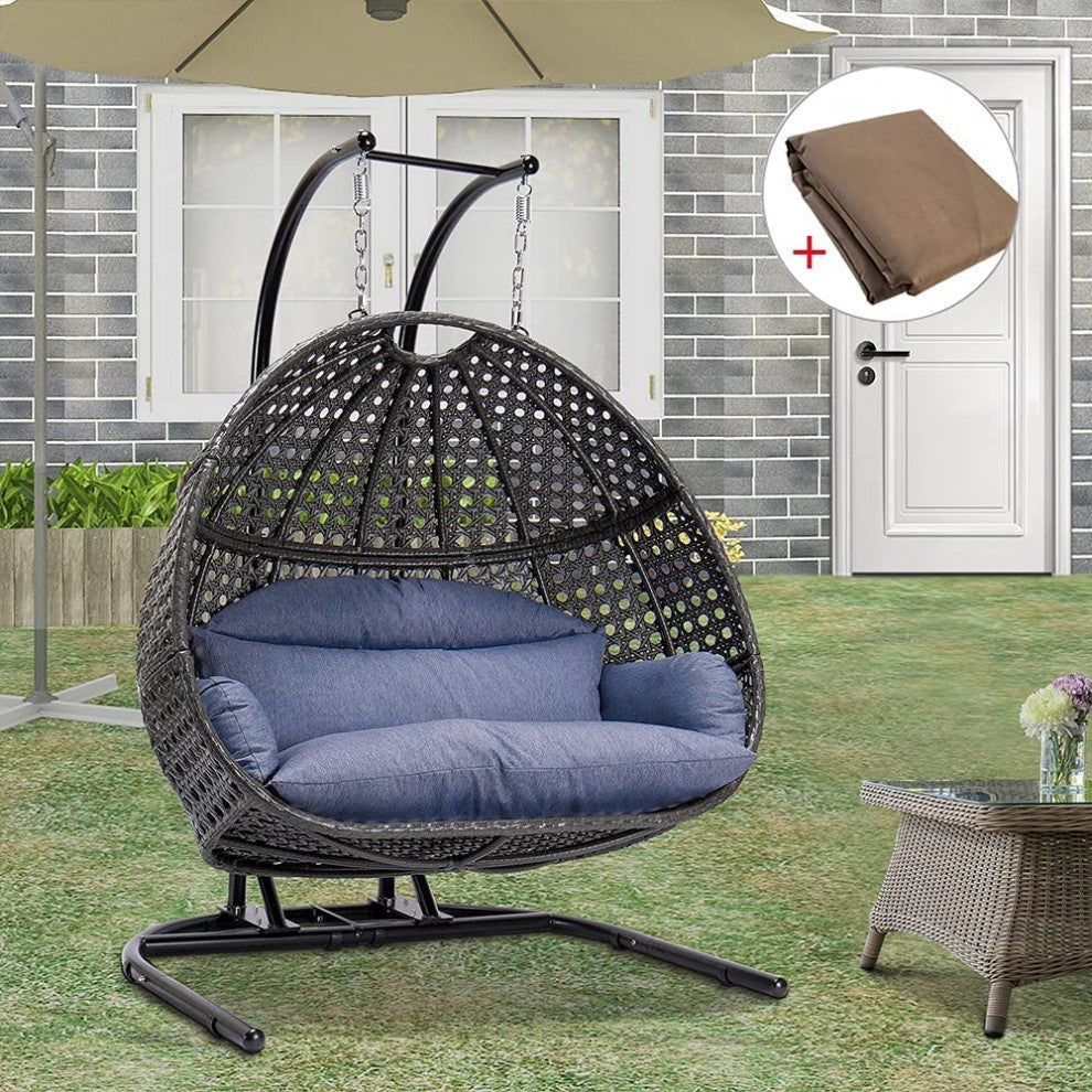 2 Person Hanging Loveseat Swing Chair with Stand - X-Large Wicker Rattan Frame