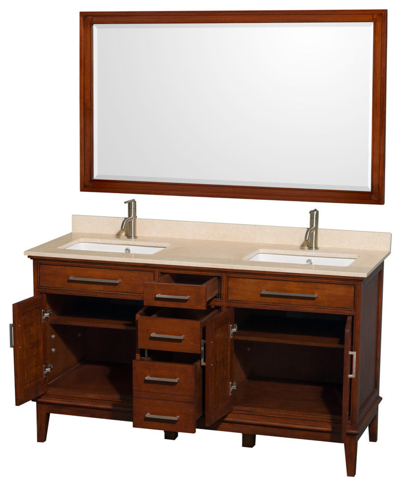 Hatton 60" Light Chestnut Double Vanity, Ivory Marble Top, Um Sq Sinks, 56"