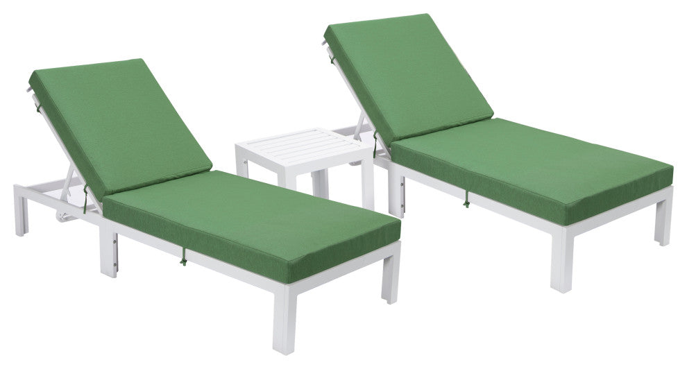 LeisureMod Chelsea Chaise Lounge Chair With Side Table, Green