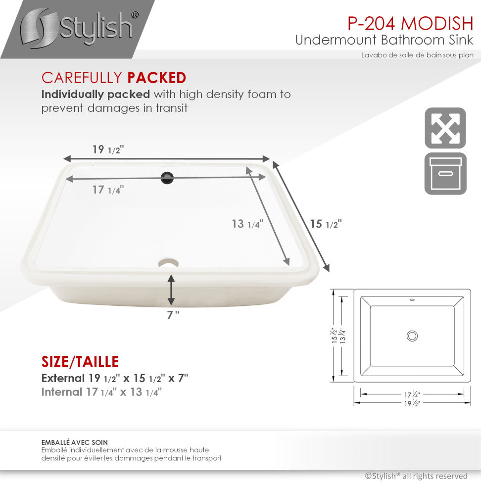 STYLISH 20" Rectangular Undermount Ceramic Bathroom Sink, 2 Overflow Finishes