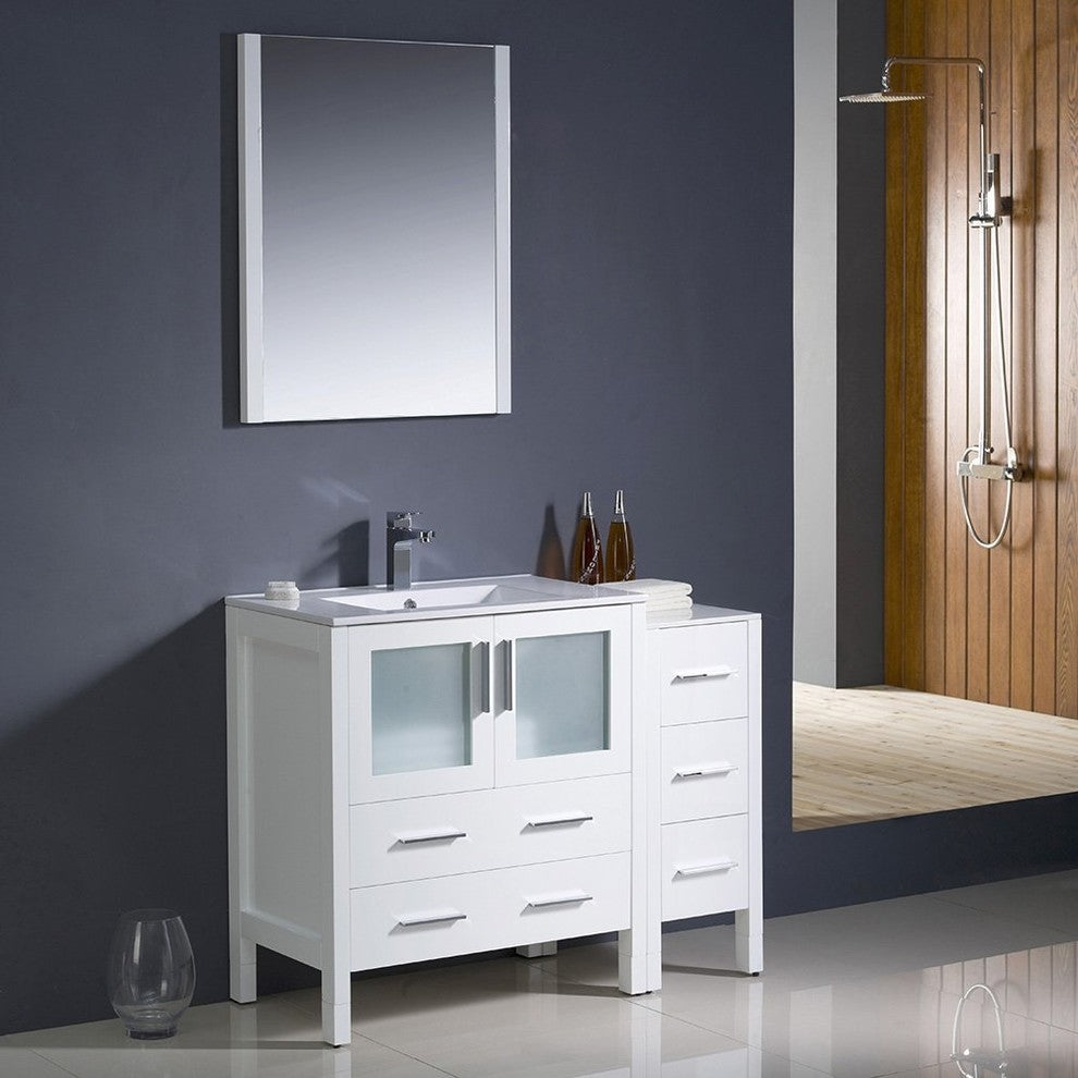 Torino 42" White Modern Bathroom Vanity With Side Cabinet, FFT1030CH
