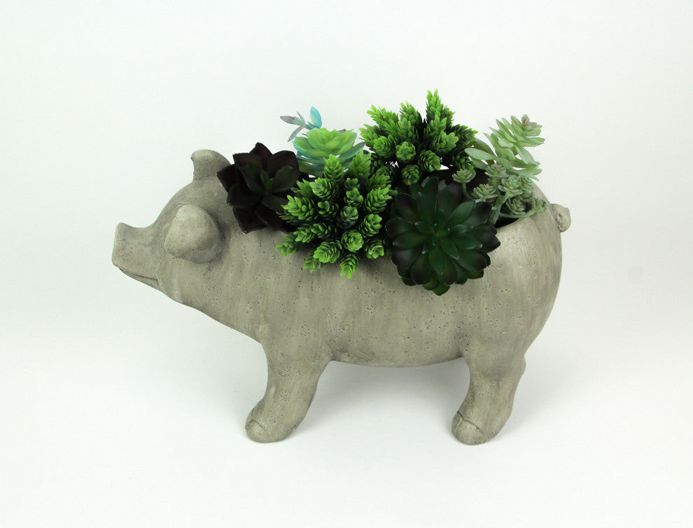 17 Inch Long Weathered Gray Finish Smiling Pig Planter