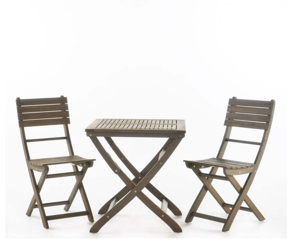 GDF Studio 3-Piece Versaille Outdoor Foldable Gray Acacia Wood Bistro Set, Gray