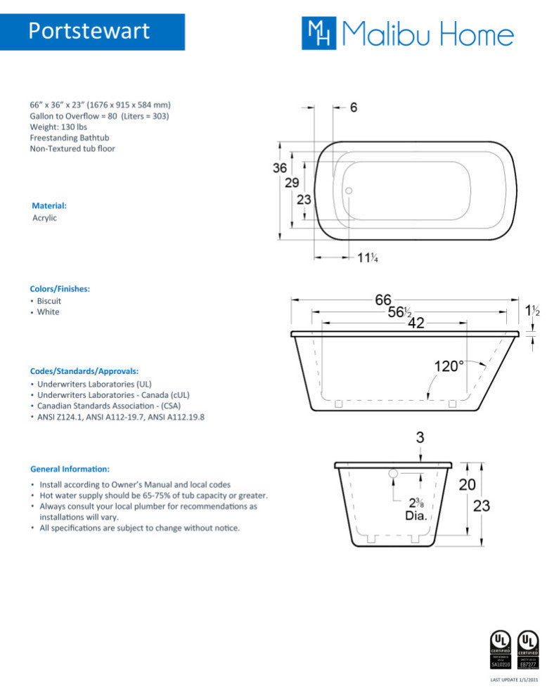 Malibu Portstewart Rectangle Soaking Bathtub 66x36x23 Biscuit