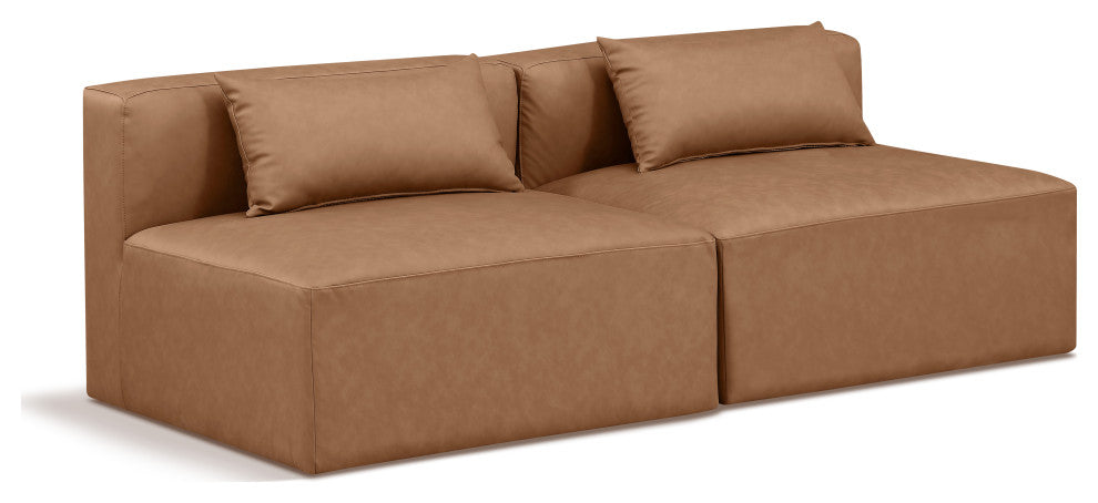 Cube Upholstered Modular Sofa, Brown, 2-Piece: 2 Armless Chair, Vegan Leather