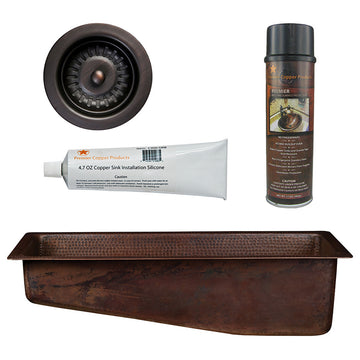 28" Rectangle Hammered Copper Slanted Bar/Prep Sink, 3.5" Drain Opening