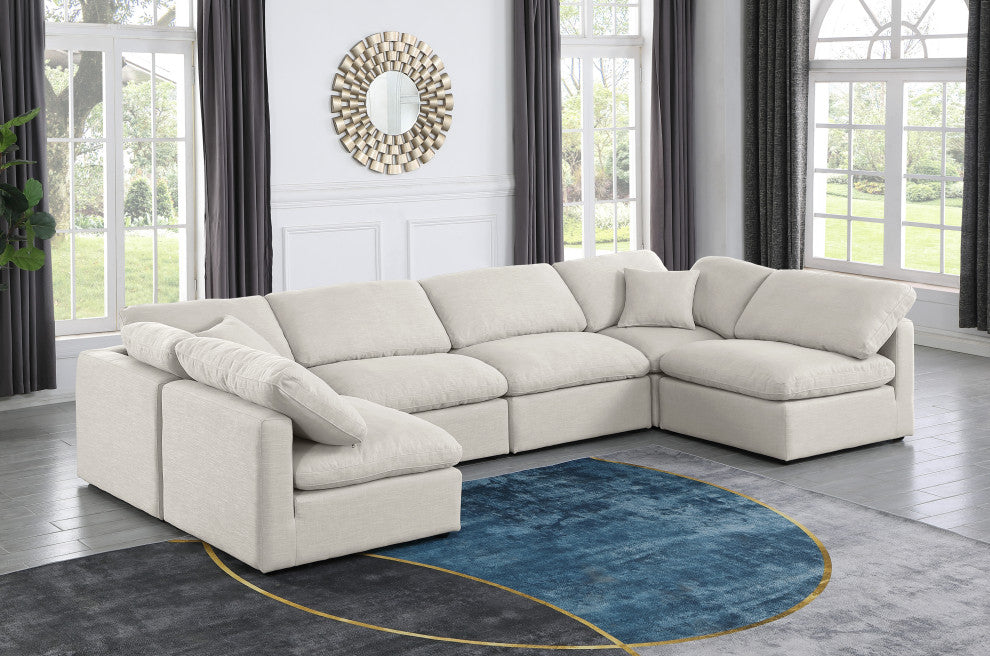 Indulge Upholstered Modular U-Shaped Sectional, Cream, 6-Piece: 4 Armless Chair, 2 Corner Chair, Down Stuffed Linen Textured Fabric