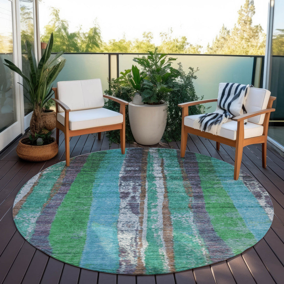 Machine Washable Indoor/Outdoor Chantille ACN1910 Teal 8' x 8' Round Rug