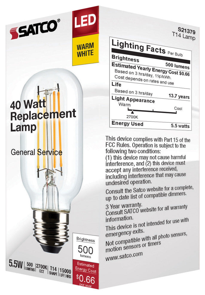 5.5W T14 LED, Clear, Medium Base, 2700K, 500 Lumens, 120V