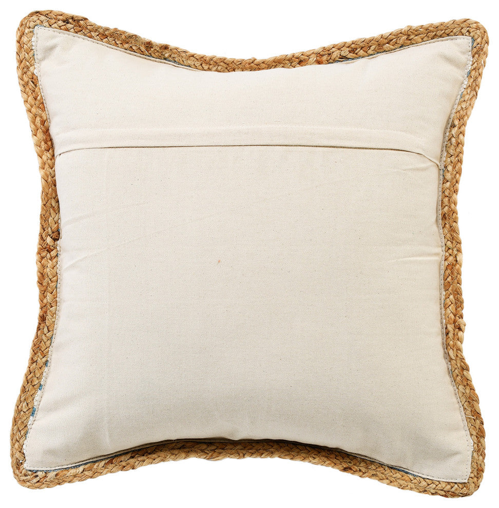 Ox Bay Handwoven Blue/Braided Jute Bordered Cotton Blend Pillow Cover, 20"x20"