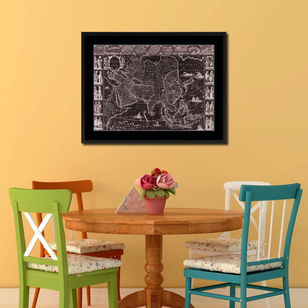 Asia Vintage Vivid Sepia Map Print On Canvas With Black Custom Frame, 28" X 37"