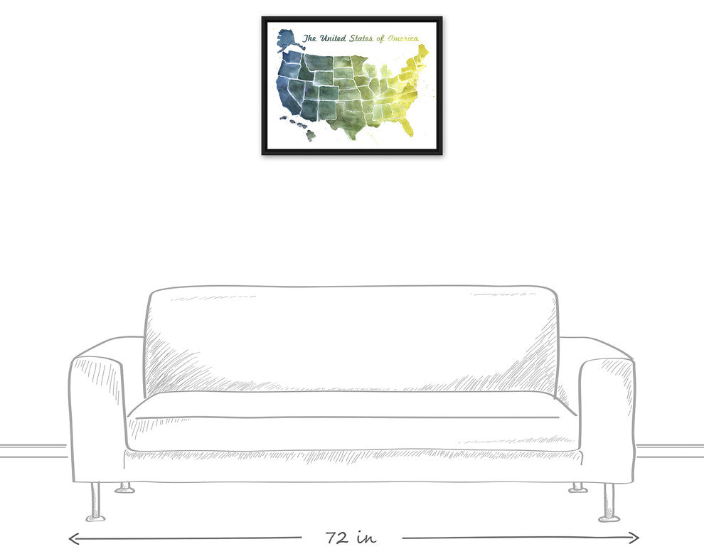 United States Blue and Green Watercolor Map 18x24 Black Floating Framed Canvas