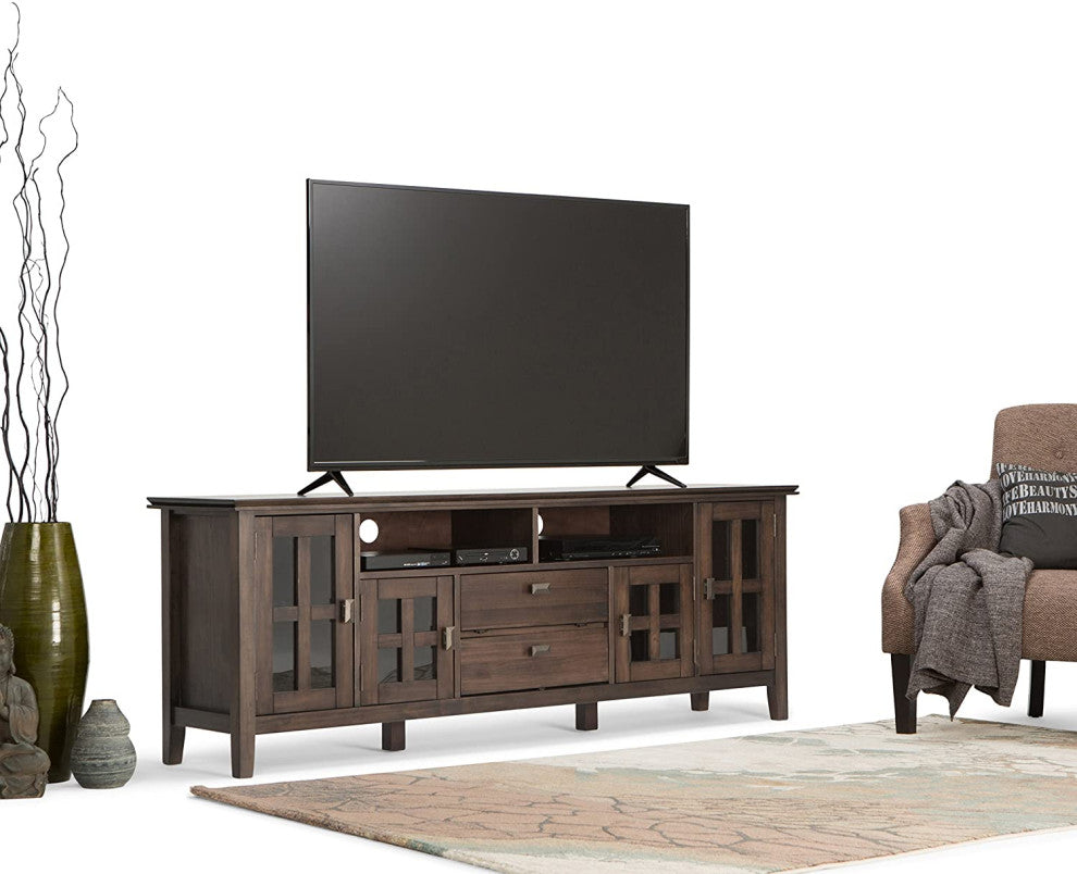 Contemporary TV Stand, Elegant Window Style Cabinet Doors, Natural Aged Brown