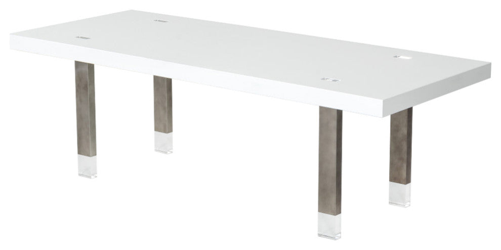 Modrest Lenny Modern White High Gloss and Stainless Steel Gun Metal Dining Table