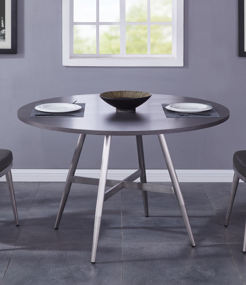 Soleil Contemporary Dining Table, Brushed Stainless Steel and Gray Walnut Top
