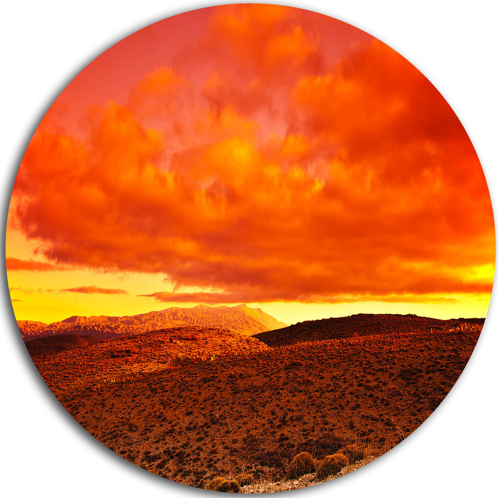 Dramatic Red Sunset At Desert, Large Disc Metal Wall Art Landscape, 23"