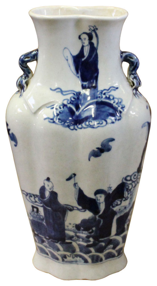 Chinese Blue White Porcelain Eight Immortal Graphic Flat Body Vase Hws399