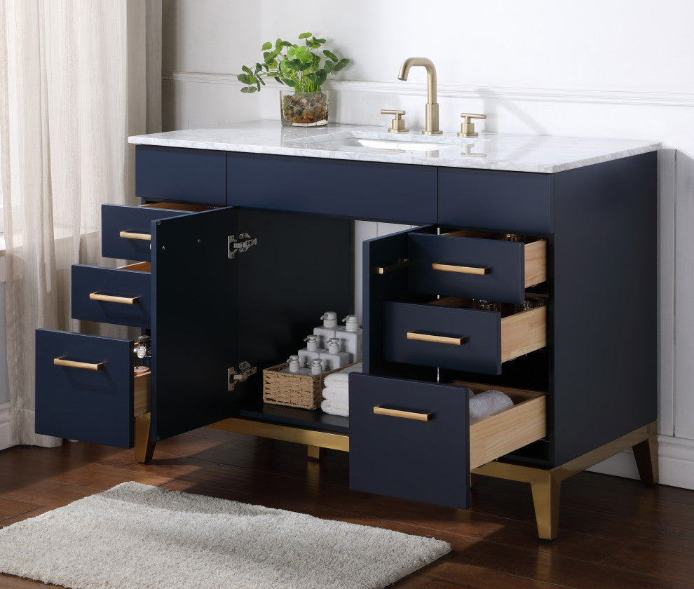 Enigma 48" W Freestanding Bath Vanity, Blue With White Carrara Marble Top
