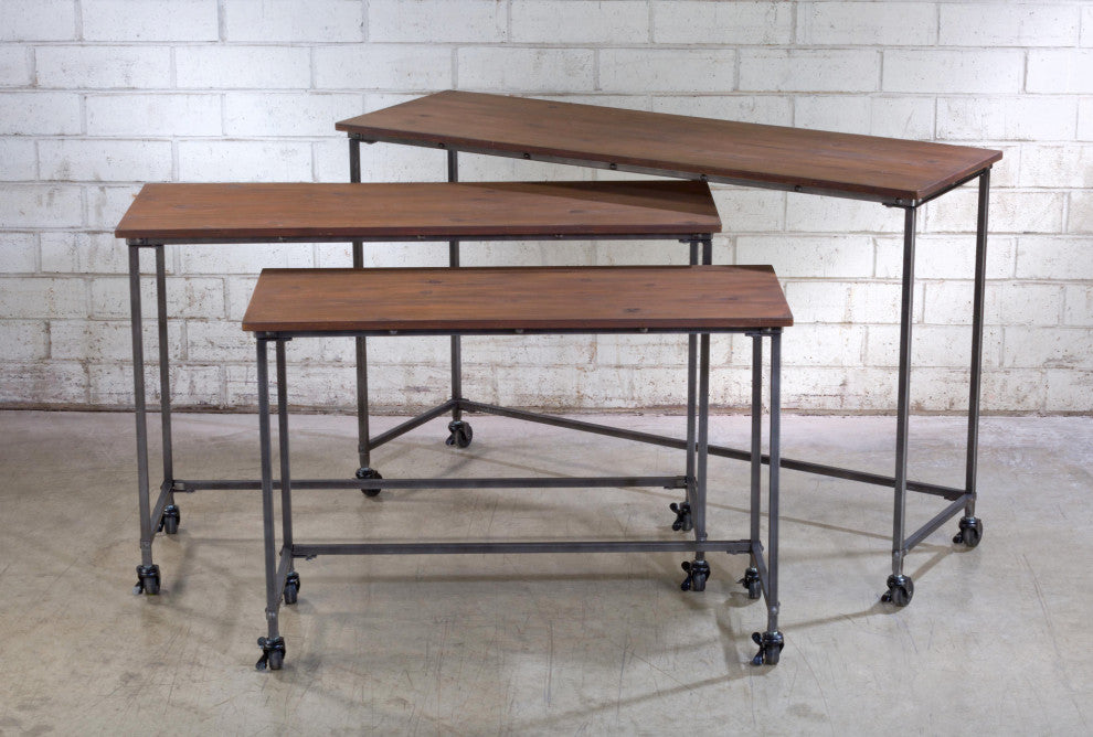 Brown Wood Accent Tables with Casters, Set of 3