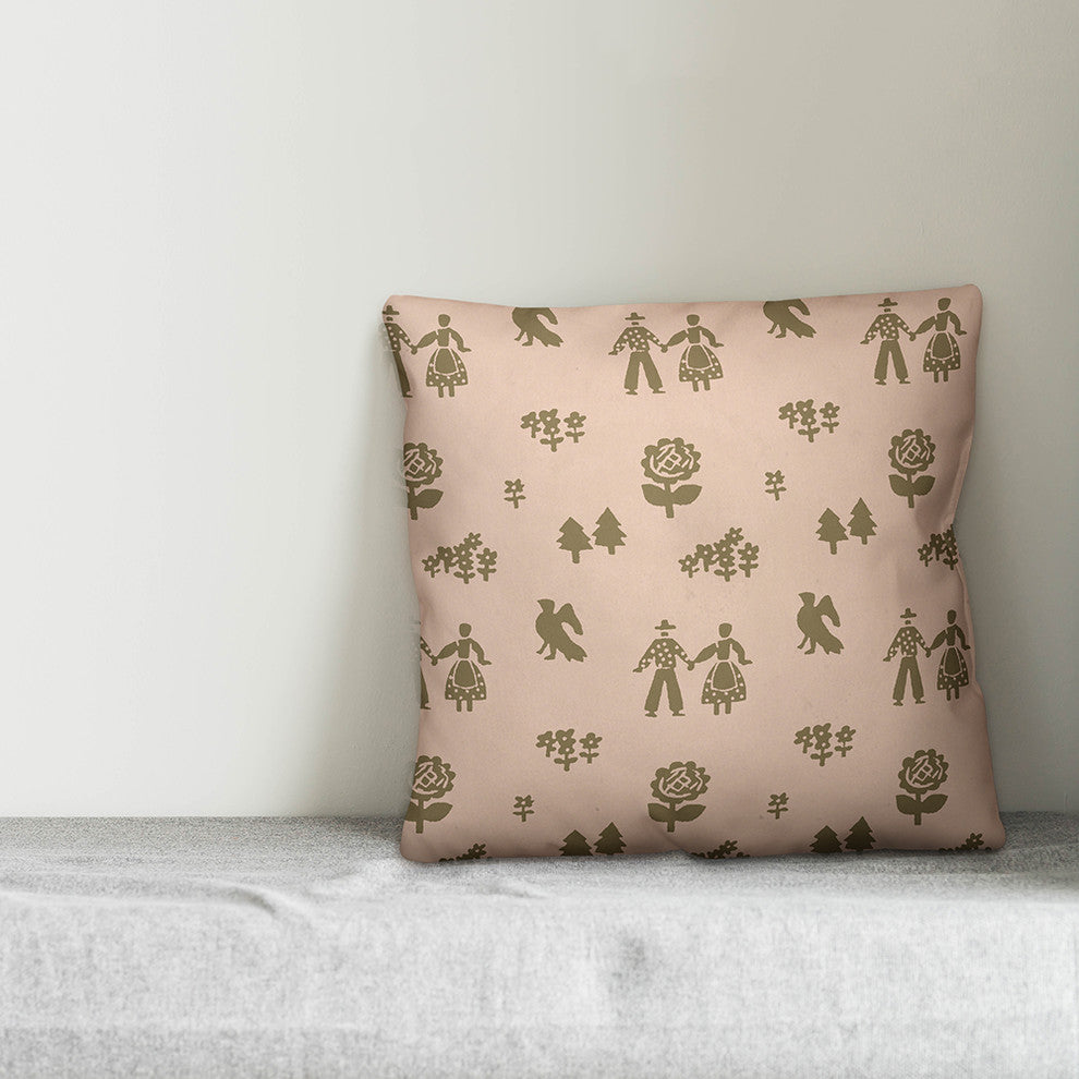 Folk Forest Motif, Pink Throw Pillow Cover, 16"x16"