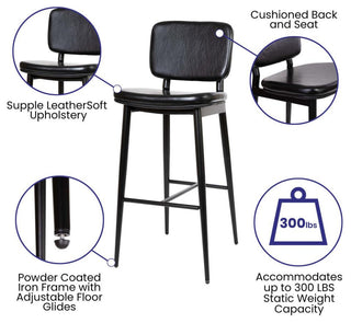 Kenzie Commercial Grade Mid-Back Barstools - Black LeatherSoft Upholstery -...