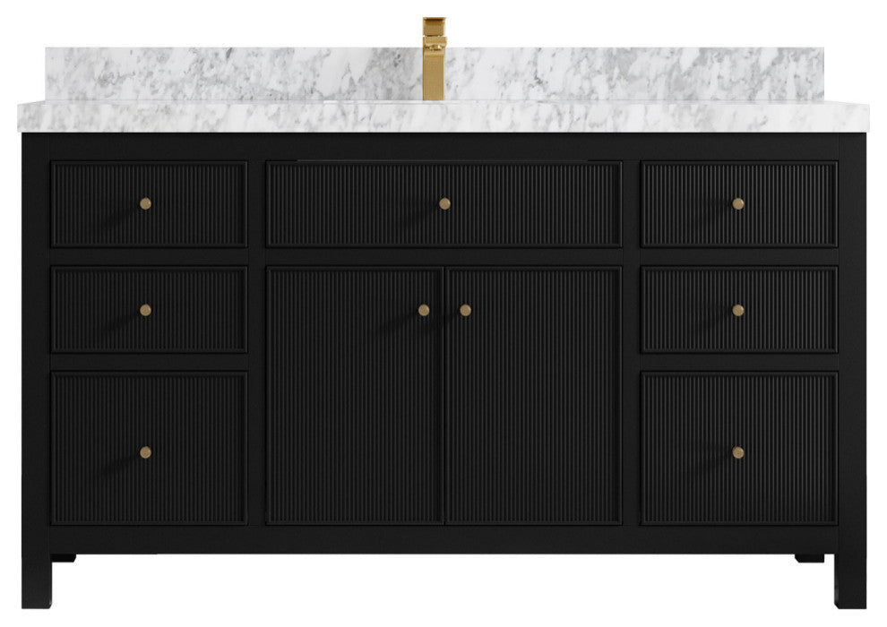 Sonoma 60 Single Sink Reeded Bathroom Vanity in Black 2" Carrara Marble
