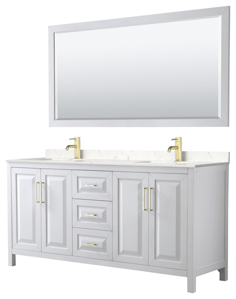 72"DBL Vanity White, Light-Vein Carrara Cult. Top, Sinks, 70"Mirror, Gold Trim