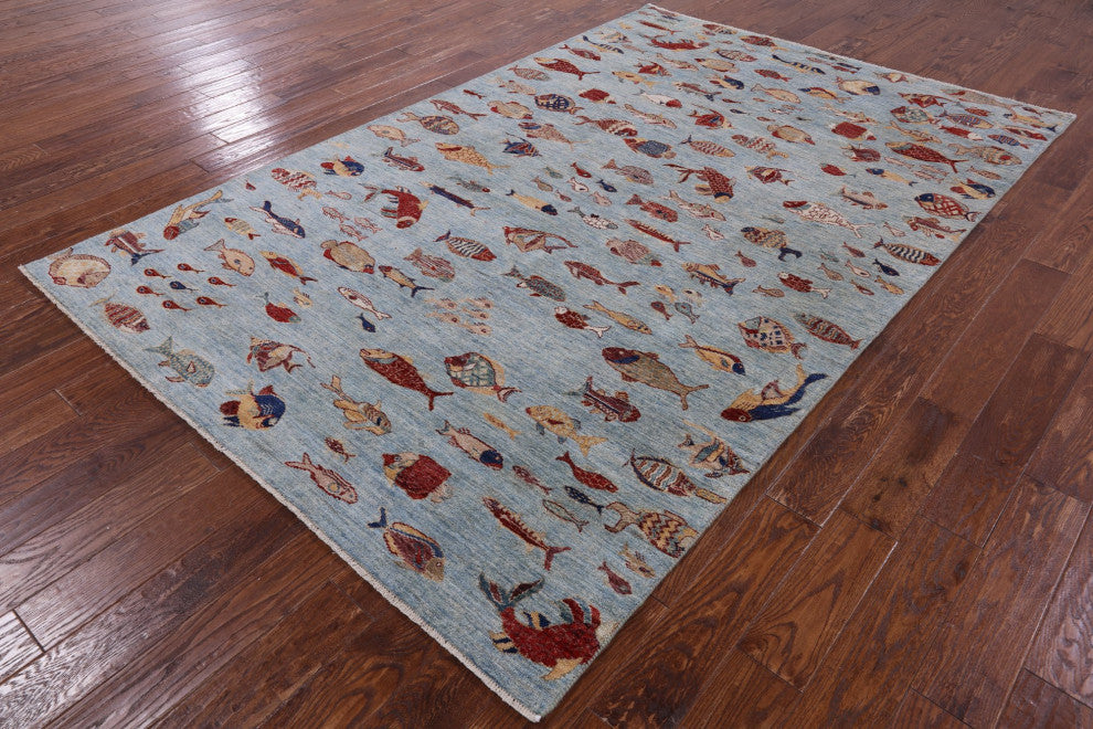 Fish Design Gabbeh Hand Knotted Wool Rug 6' 2" X 9' 7" Q8327