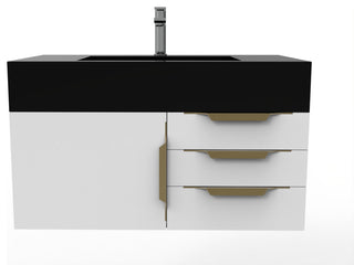 CastelloUSA Nile 36" Wall Mounted Vanity Set, White, Black Top, Gold Handles