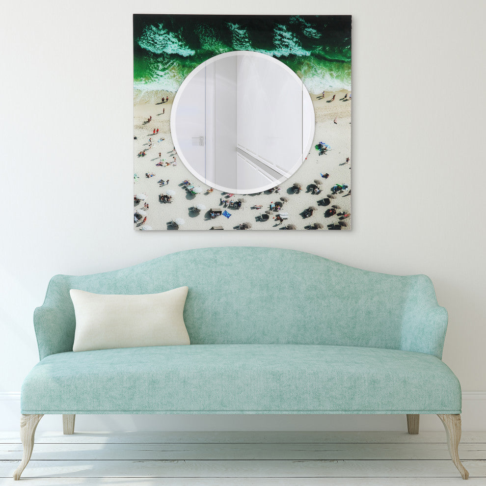 "Beach" Square Beveled Wall Mirror on Floating Printed Tempered Art Glass