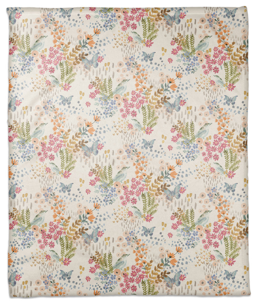Butterfly Bird Floral on White 50x60 Coral Fleece Blanket