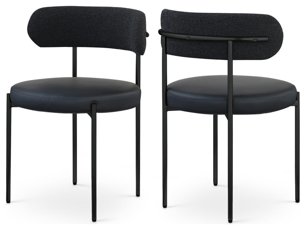 Beacon Dining Chair, Set of 2, Black, Vegan Leather and Boucle Fabric, Matte Black Finish