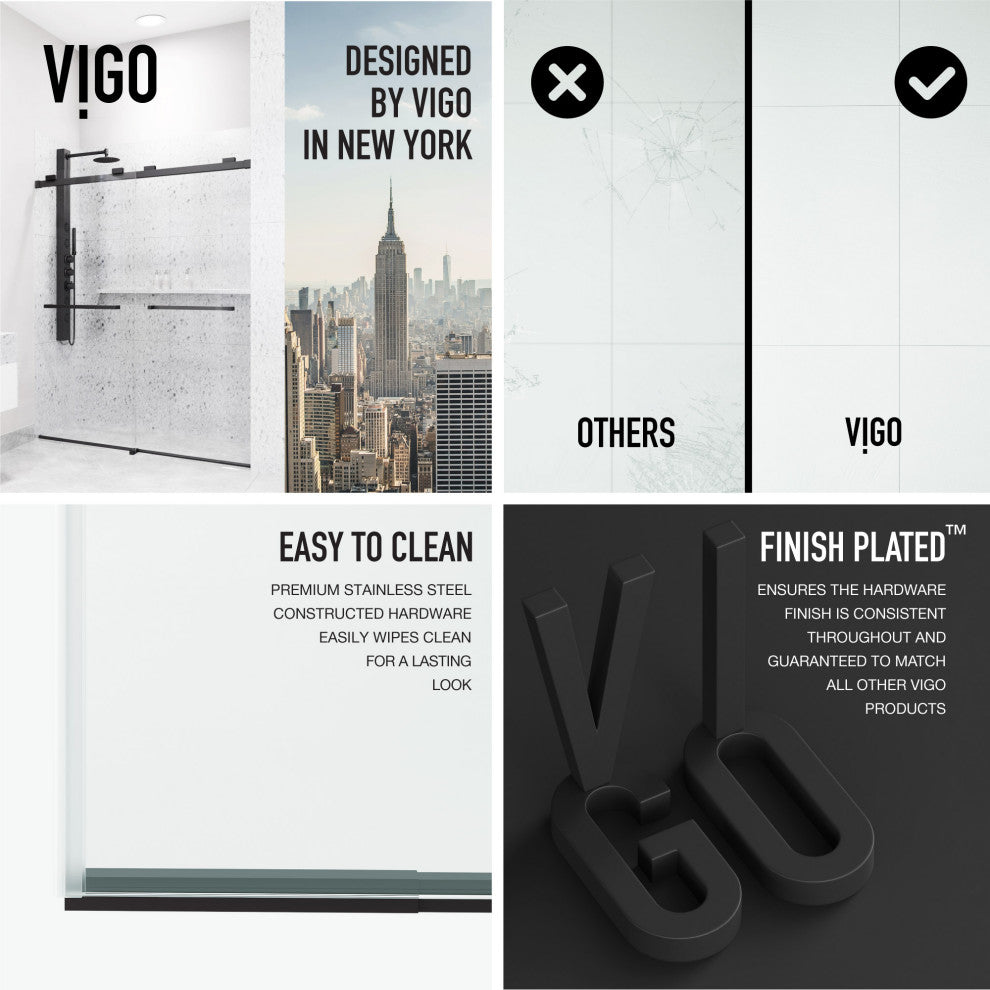 VIGO Houston Frameless Sliding, V-Motion, Matte Black, Shower Door, 56" to 60" W X 76" H, Clear Glass